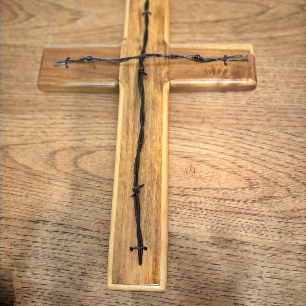Wooden Cross with Barbed Wire Accent